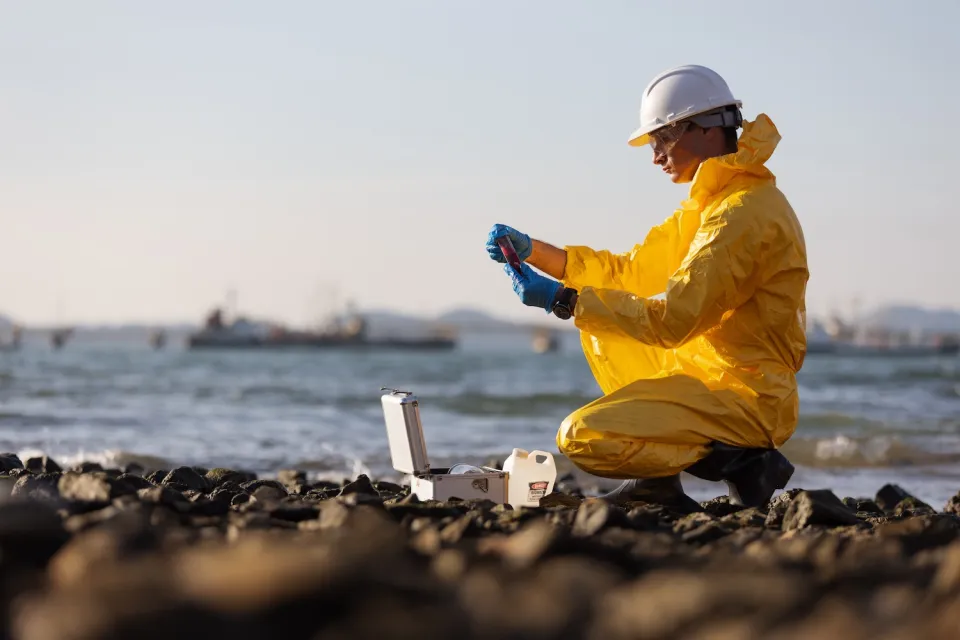 Person in yellow safety suit and white helmet kneels to examine water samples outdoors on a lake shore.